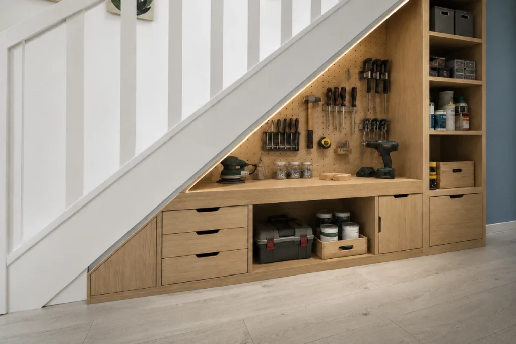 Etabli de bricolage sous escalier